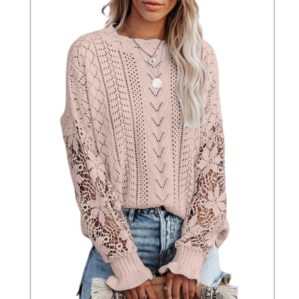 Crochet Viscose Sweater Open Sleeve Cutwork Balloon Sleeve Boutique NWT Sz XL